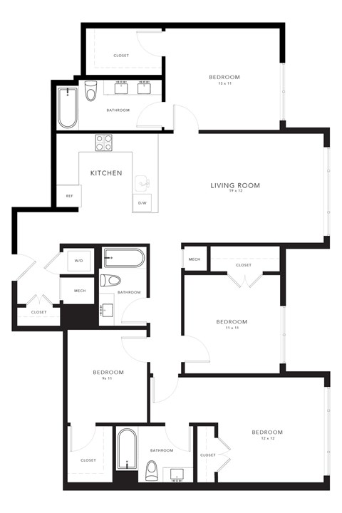 Floor plan for 4 beds, 3 baths, 1423 sqft
